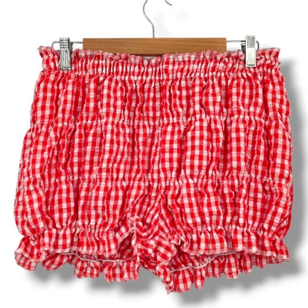 SHEIN Curve Red White Gingham Smocked Ruffled Bloom Shorts Women's 0XL